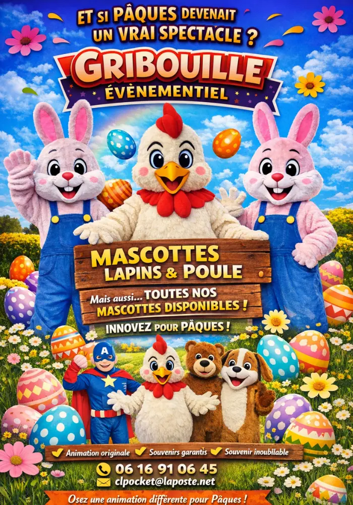 affiche pour animation Pâques, avec Gribouille Evénementiel à Calais (62)