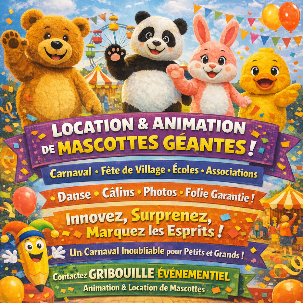 affiche-gribouille-evenementiel-location-mascottes affiche Gribouille Événementiel location et animation de mascottes à Calais (62)